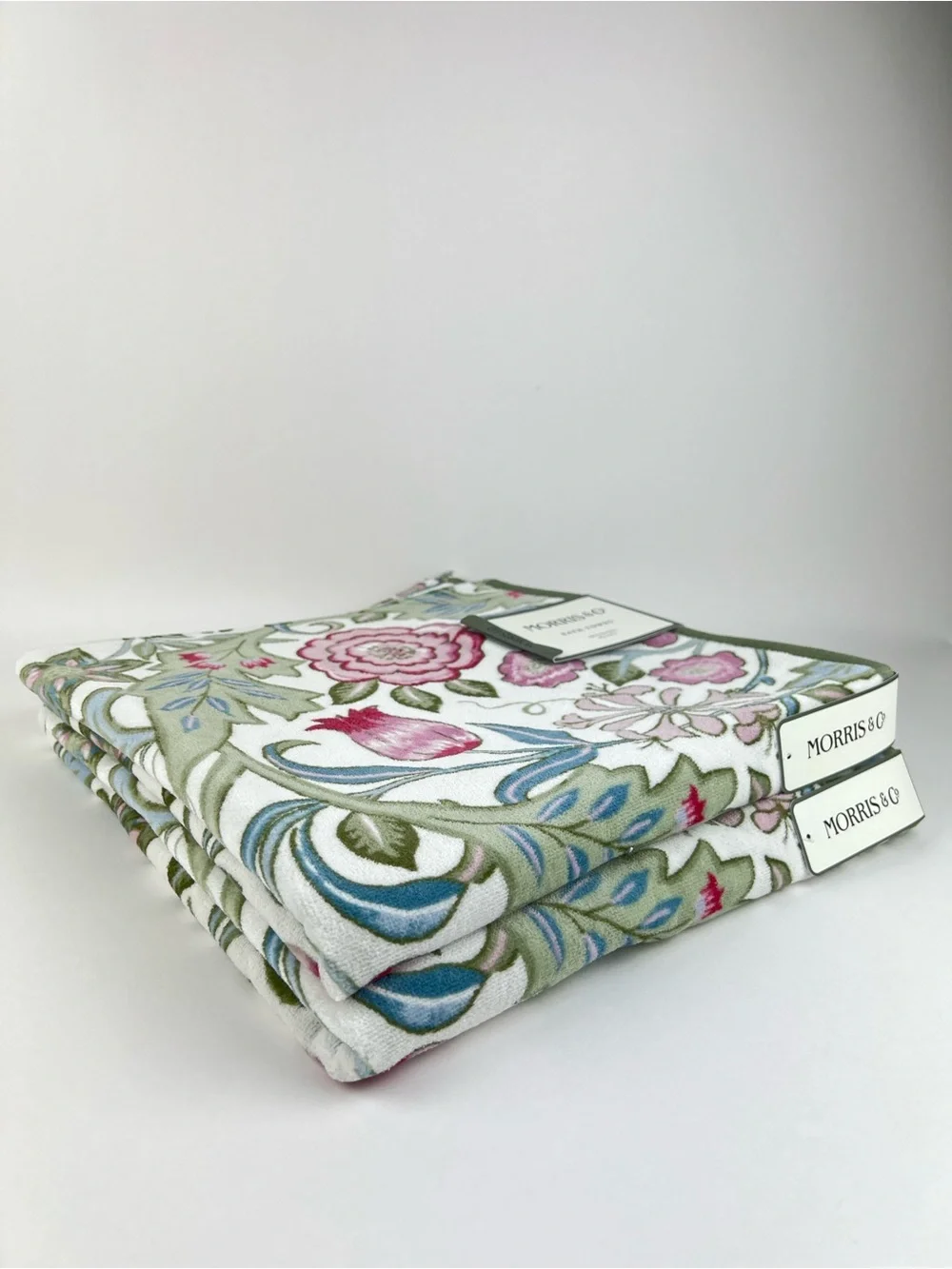 William Morris Bath Towels Floral Print Green Blue Pink Velour Cotton 2 Pc NEW